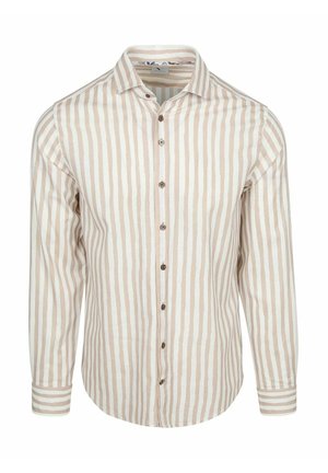 Overhemd met lange mouwen en knopen, beige en witte verticale strepen en een klassieke kraag, van voren getoond.