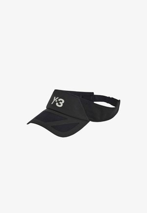 Black visor cap with mesh panels and Y-3 logo, featuring a curved brim and adjustable back strap for a secure fit.
