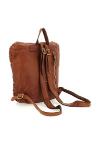 Zaino in pelle marrone con una forma strutturata, dotato di accessori in tonalità oro, bordi intrecciati e spallacci regolabili. Comparti con zip inclusi.