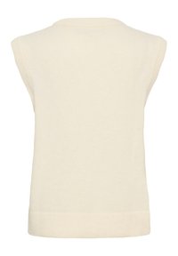 Crème-kleurige mouwloze gebreide sweatervest met ribboorden, weergegeven vanaf de achterkant.