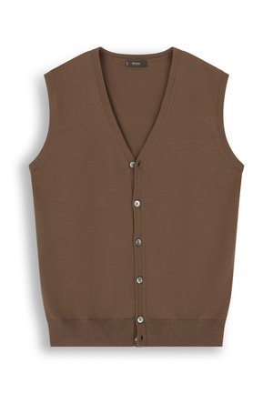 Gilet tricoté marron sans manches avec encolure en V et six boutons sur le devant, avec un ourlet côtelé et une petite étiquette de marque à l'intérieur de l'encolure.