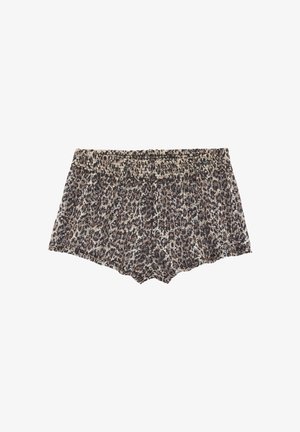Leopardenmuster-Shorts mit einem versammelten elastischen Bund. Aus weichem Stoff gefertigt, mit einer lockeren Passform und geschnittenem Saum am unteren Ende.