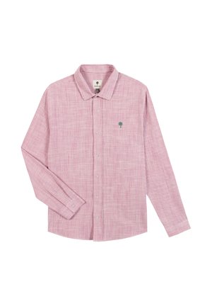 Camicia a maniche lunghe a righe rosa e bianche, con bottoni, colletto e piccolo logo a forma di albero verde sul petto a sinistra.