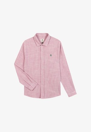 Camicia a maniche lunghe a righe rosa e bianche, con bottoni, colletto e piccolo logo a forma di albero verde sul petto a sinistra.