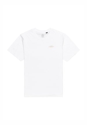 Weißes Baumwoll-T-Shirt mit kurzen Ärmeln und Rundhalsausschnitt. Zentrale Texte in hellorange lesen "ELEMENT SKATEBOARD CO."