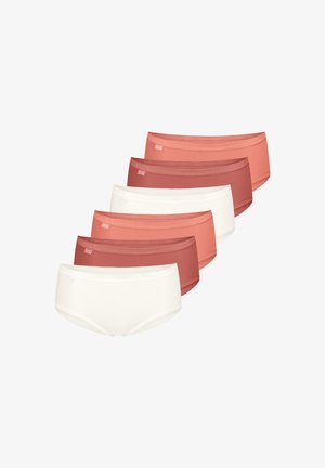 Set aus sechs Slips in verschiedenen Rosa- und Weißtönen. Weicher Stoff, mittlere Passform, mit elastischen Taillenbändern und Spitzenakzenten.
