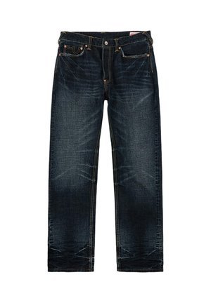 Jeans denim blu scuro a gamba dritta con tasche frontali, chiusura con bottoni e sottili pieghe sbiadite su cosce e ginocchia.