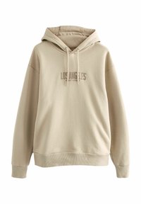 Sudadera beis con cordón, que presenta un gráfico en la parte delantera con el texto "Los Ángeles Costa Oeste". Tejido suave, corte holgado, puños y dobladillo acanalados.