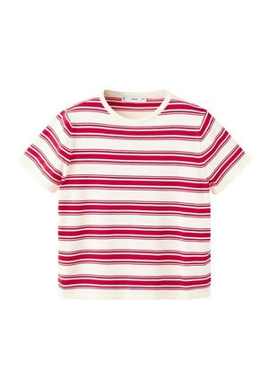 Bijela košulja kratkih rukava s vodoravnim crvenim prugama, okruglim izrezom i ravnim rubom.