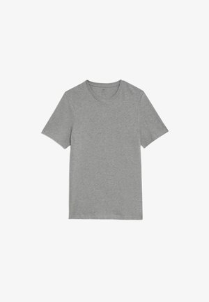 Szary bawełnowy t-shirt, krótki rękaw, okrągły dekolt, prosty fason, miękka tekstura, regularny krój, bez wzorów i akcentów.