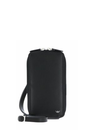 Sac bandoulière rectangulaire en cuir noir avec fermeture éclair argentée, bandoulière réglable et petit logo embossé dans le coin inférieur.