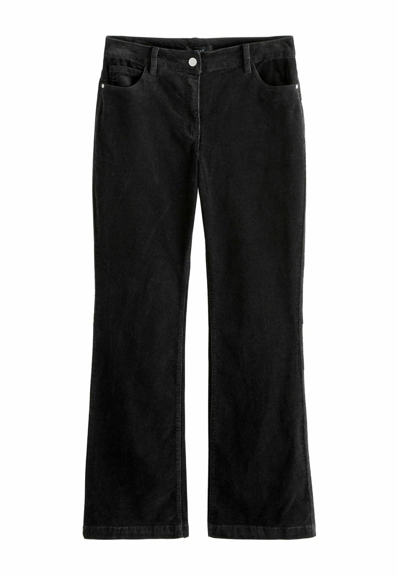 Sorte flare-jeans i denim. Har knap- og lynlåslukning, to forlommer og en glat overflade med minimal detaljering.