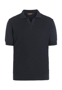 Marinblå kortärmad polo med en diamantstrukturerad stickad framsida och släta �ärmar. Den har en klassisk krage och ribbad nederkant.