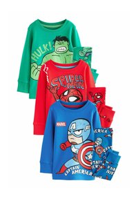 Set von vier Langarmshirts für Kinder. Farben: Grün, Rot, Blau. Mit Comicfiguren Hulk, Spider-Man und Captain America. Aus Baumwollmaterial.