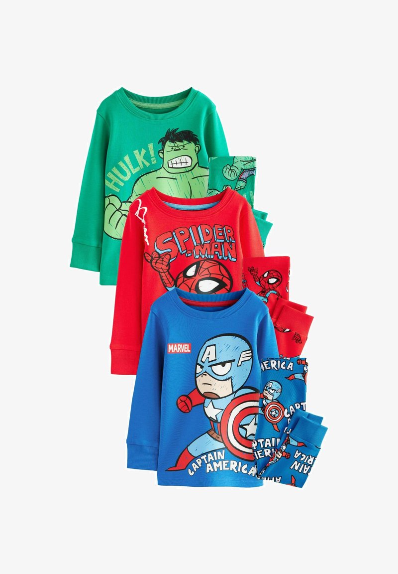 Set von vier Langarmshirts für Kinder. Farben: Grün, Rot, Blau. Mit Comicfiguren Hulk, Spider-Man und Captain America. Aus Baumwollmaterial.