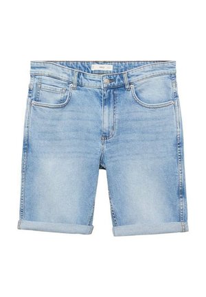Light blue denim shorts with rolled hems, five-pocket design, and a standard button closure. Visible fading creates texture.