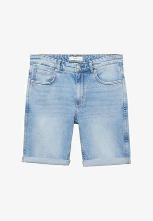 Lichtblauwe denim shorts met opgerolde zomen, vijf-pocket ontwerp en een standaard knoopsluiting. Zichtbare vervaging zorgt voor textuur.