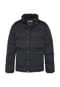 Granatowa kurtka puchowa, pikowany wzór, zapięcie na zatrzaski, dwie przednie kieszenie, stójka, wykonana z materiału syntetycznego.