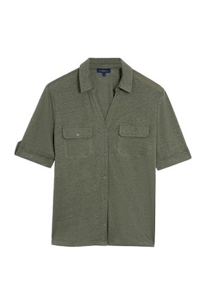 Short-sleeve, olive green shirt in a soft, textured fabric. Features a button-front, collar, and two chest pockets.