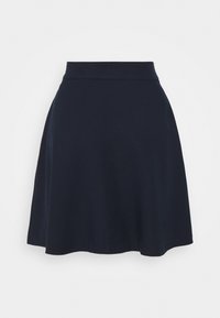 Mörk marinblå skaterkjol i slätt tyg, med en figurnära midjeband och en utsvängd nederkant, som har en enkel och ren design.