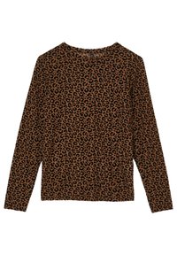 Maglia a maniche lunghe di colore marrone con motivo a stampa leopardata nera. Realizzata in un tessuto morbido, presenta un collo rotondo e orlo dritto.