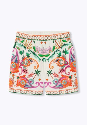 Shorts blancs à taille élastique avec des motifs tropicaux et floraux colorés en orange, rose, vert et violet, ornés de palmiers et de bordures décoratives.
