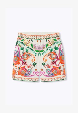 Shorts blancs à taille élastique avec des motifs tropicaux et floraux colorés en orange, rose, vert et violet, ornés de palmiers et de bordures décoratives.