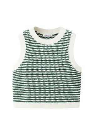 Gilet sans manches en tricot rayé vert et blanc avec col, emmanchures et ourlet côtelés.