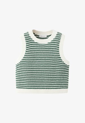 Gilet sans manches en tricot rayé vert et blanc avec col, emmanchures et ourlet côtelés.