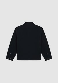 Zwarte lange mouwen jas, met knoopmanchetten, kraag, eenvoudig ontwerp, gladde textuur, geen zichtbare patronen of versieringen aan de achterkant.