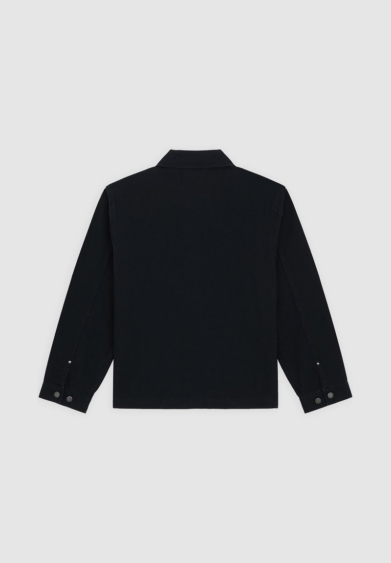 Giacca nera a maniche lunghe, polsini con bottoni, colletto, design semplice, texture liscia, senza motivi o decorazioni visibili sul retro.