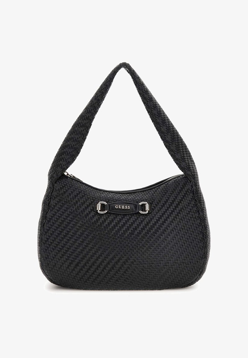 Fekete hobo táska szőtt anyagból, cipzáras záródással, ezüst színű fém részekkel és logóval az elején. Sima tapintású.