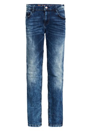 Jean slim bleu délavé avec bouton avant et poches, présentant des détails de moustaches autour de la taille.