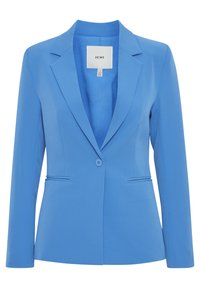 Modrý blazer vyrobený z hladké látky, s klopovým límcem, zapínáním na jeden knoflík, přiléhavým střihem a dvojicí předních kapes se švy.