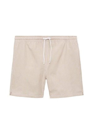 Beige zwembroek met dunne verticale strepen, elastische tailleband en witte trekkoord. Glad stofoppervlak met zijzakken.