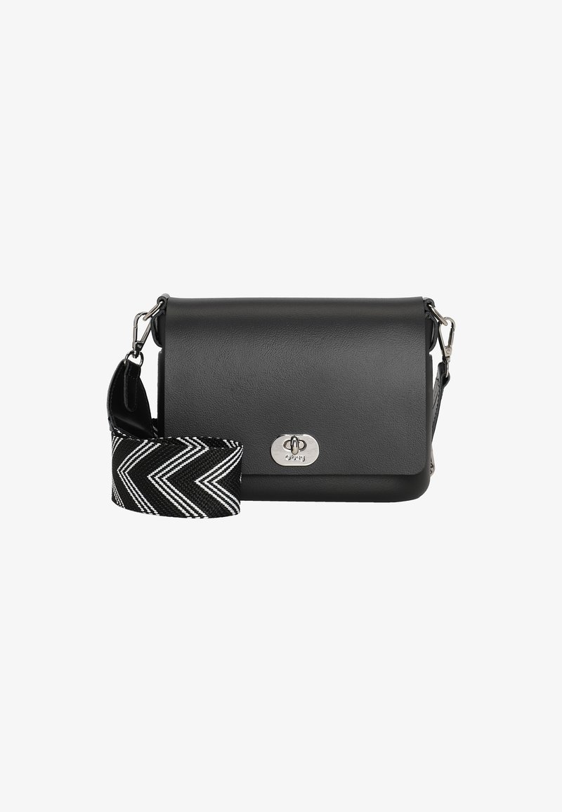 Schwarze Kunstleder Crossbody-Tasche mit einem silbernen Verschluss, ausgestattet mit einem abnehmbaren schwarz-weißen Zickzack-Muster-Gurt.