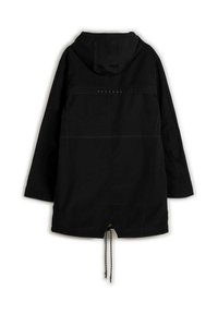 Veste à capuche noire au look décontracté, dotée d'une taille à cordon de serrage, de poches avant et de détails de couture subtils dans le dos.