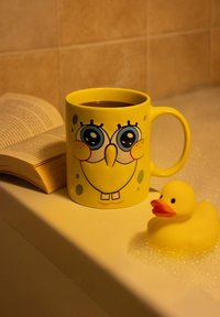 Tazza di ceramica gialla con un design di personaggio dei cartoni animati, caratterizzata da grandi occhi e una bocca sorridente, accanto a un'anatra di gomma gialla su un bordo della vasca.