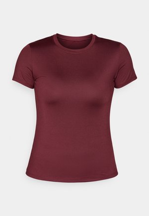 Burgunderfarbene Kurzarm-T-Shirt, runder Ausschnitt, glattes Material, figurbetonte Form, minimalistisches Design, keine Muster oder Akzente.