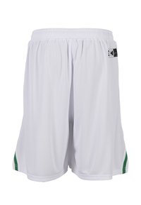 Shorts de sport blancs avec taille élastique et petit patch logo noir sur le côté droit, avec des rayures vertes près de l'ourlet.