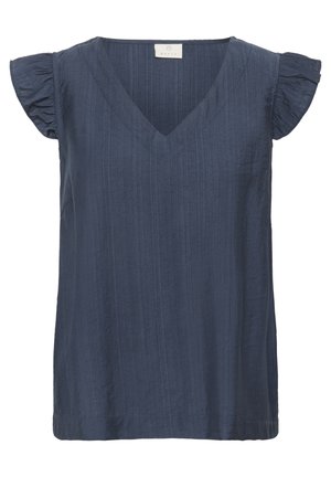 Haut sans manches bleu marine en tissu texturé avec un décolleté en V et des manches flottantes, offrant une coupe décontractée et un ourlet net.