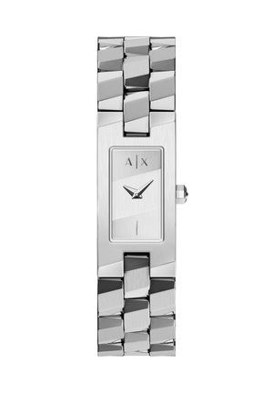 Silberne rechteckige Armani Exchange Armbanduhr mit Gliederarmband und minimalistischem Zifferblatt, das Stunden- und Minutenzeiger zeigt.