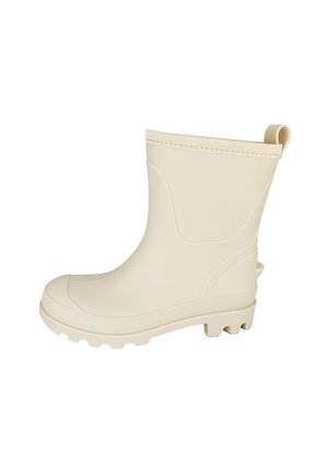 Beige wasserfester Gummistiefel mit glatter Oberfläche, Knöchelhöhe, erhöhtem Rand und einer strukturierten Sohle für besseren Halt.