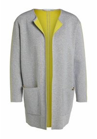Grå cardigan i mjukt material med en gul insida, två framfickor och en avslappnad passform med öppen front.