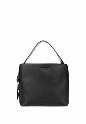 Sac à main en cuir noir avec une anse unique, de forme rectangulaire, et le nom de la marque subtilement embossé au centre inférieur avant.