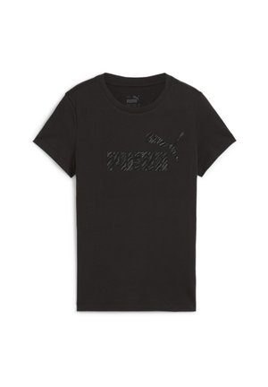 T-shirt noir en coton avec un logo texturé noir et un design graphique sur le devant. Col rond avec des manches courtes.