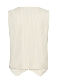 Chaleco sin mangas color crema con finas rayas verticales y dobladillo trasero en punta.