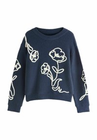 Marineblå fleece-trøje med lange ærmer, med hvid blomsterbrodering på forside og ærmer. Rund halsudskæring og afslappet pasform.