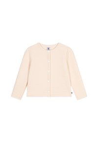 Cardigan in cotone di un beige chiaro, con maniche lunghe, scollo rotondo e chiusura con bottoni. Presenta un sottile motivo testurizzato e un'etichetta con il logo sul lato.