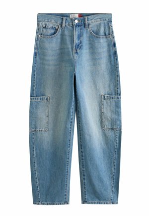Hellblaue Denim-Jeans mit weitem Bein, Knopf- und Reißverschluss, Vordertaschen und großen rechteckigen Seitentaschen an jedem Bein.